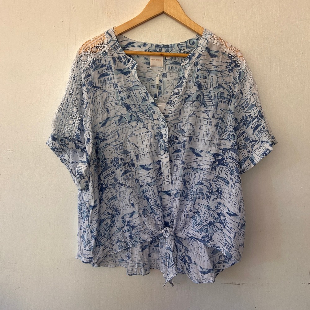 Zac & Rachel Blouse Women 2X Blue Toile Lace Tie Front Coastal Mediterranean NWT